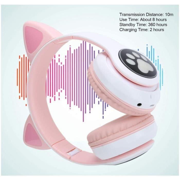 Casque Bluetooth Chat Pour Enfant - Oreilles LED Blanc/rose - Sans Fil, Pliable