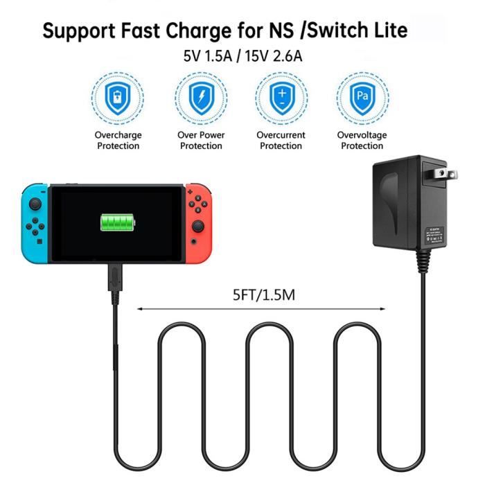 Chargeur pour Switch et Switch Lite, Switch Chargeur Adaptateur secteur  Alimentation 15V 2.6A Kit de charge rapide pour Switch 