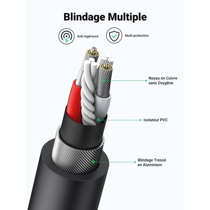 Câble RCA Jack 1 M – Pour Connecter Smartphone à Ampli Voiture, TV, Chaîne Hi-Fi | Connecteurs Plaqués Or, Conducteur Cuivre - 2