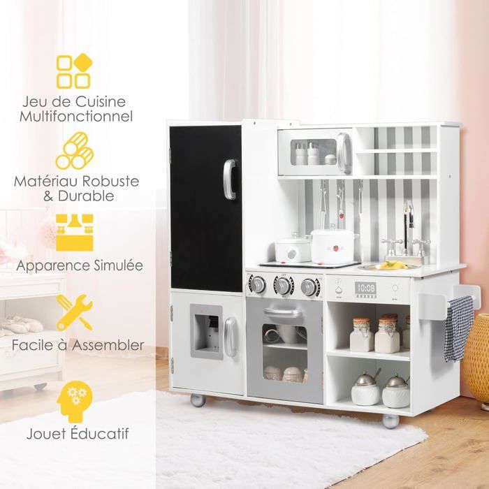 COSTWAY Cuisine Enfant En Bois Rose – Avec Micro-ondes, évier, Four, 7 Accessoires – Jeu D'imitation Dès 3 Ans
