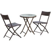 Ensemble salon de jardin 2 places table ronde pliable plateau verre trempé chaises pliantes résine tressée chocolat 29 60x60x72cm