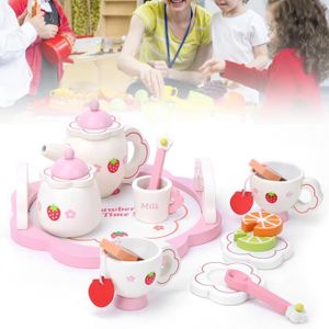 DINETTE - CUISINE SALALIS Jouet de vaisselle Vaisselle à thé en bois de haute simulation, jeu de rôle, ensemble jeux d'activite Service à thé rose