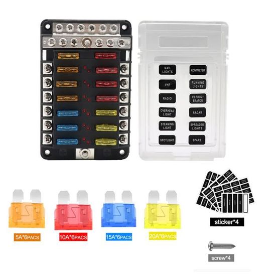 Boîte à Fusibles 12V 12 Voies Avec LED Indicateur - Bloc Fusible Universel Pour Voiture, Camping-car, Bateau, Moto