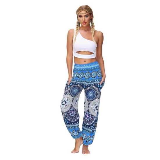 Sarouel Femme Noir - Pantalon Large Bohème En Coton, Imprimé Fleuri, Taille Haute, Confortable Pour L'Été, Yoga, Plage