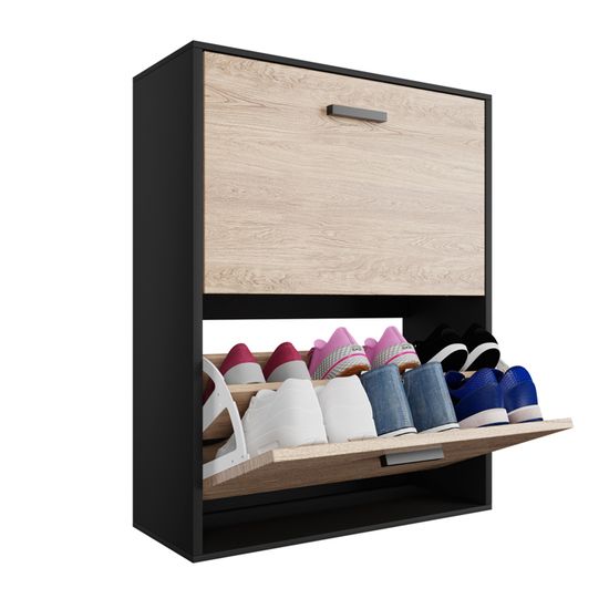 Meuble à Chaussures Industriel CASABEL 12 Paires - Rangement Entrée Gain De Place Style Loft - Bois Clair Et Portes Noires