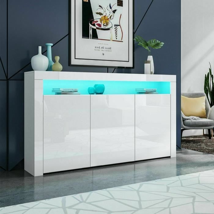 KEEP Buffet Bas Contemporain LED 130x40x88cm BLANC Laqué Brillant Avec 3 portes pour rangement