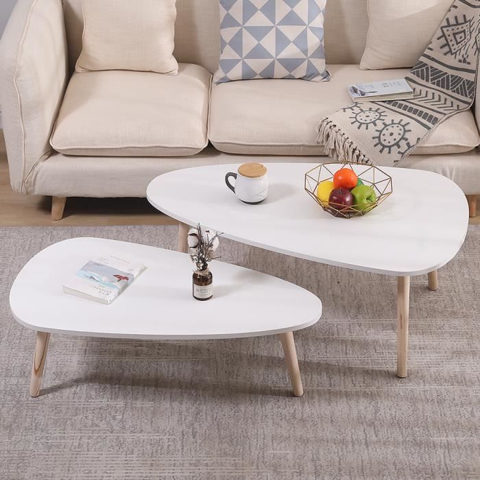 Tables Gigognes Bois scandinave, Table Basse Design Bois en Lot de 2, blanc laqué