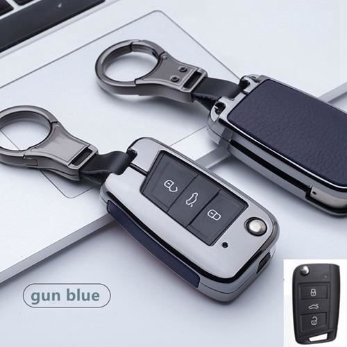 Étui en cuir pour clé de voiture, à rabat, pour VW Golf 7 Polo Bora MK7 MK6 Passat Skoda Octavia A7 ko A key gun blue