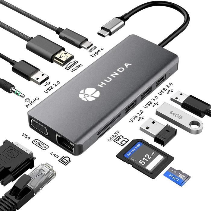 USB C Hub,11 en 1 USB C Hub MacBook Pro Adaptateur avec 4K HDMI, 1080P VGA, RJ45 Gigabit Ethernet, Lecteur de Carte SD-TF, 3.5mm