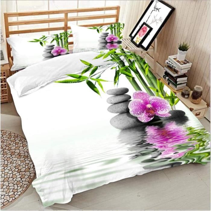 HOUSSE DE COUETTE ET TAIES Housse de Couette 260x240 Zen Fleur Pierres Parure de Lit avec Fermeture à Glissière e751