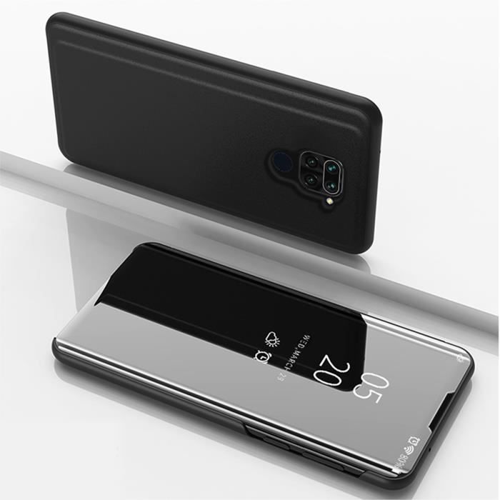 Coque Xiaomi Redmi Note 9, Clear View Étui à Rabat Translucide Standing Support Miroir Antichoc Portable Housse - Noir