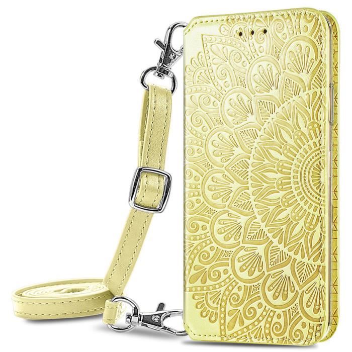 Housse Samsung Galaxy Note 20 Ultra, Bandoulière Mandala Motif Cuir Magnétique Portefeuille à Rabat Porte-Cartes, Jaune