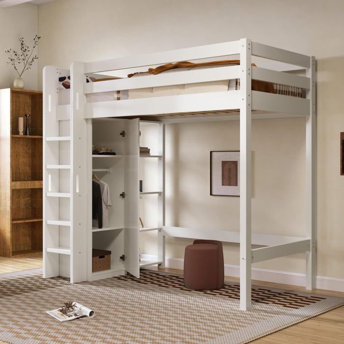 lit simple mezzanine 90x200cm polyvalent bois blanc + anti-chute + escalier + armoire + 6 étagères + sommier à lattes chambre