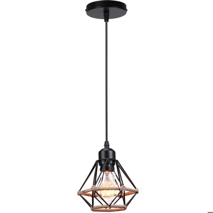 WOTTES 1PCS Lampe à Suspension Rétro en Métal et corde de chanvre E27 Ø16cm Cage Lustre Industrielle Luminaire pour Cuisine