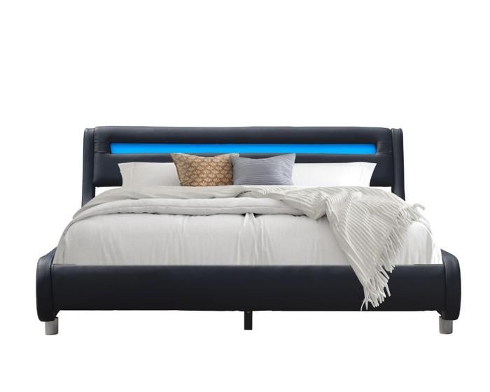 Lit adule 140x200 - Sommier + Tête de Lit Incurvée + 9 Pieds en 5 cm - Couleur NOIR - Revêtement PVC Simili Lit adule 140x200 - Sommier + Tête de Lit Incurvée + 9 Pieds en 5 cm - Couleur NOIR - Revêtement PVC Simili