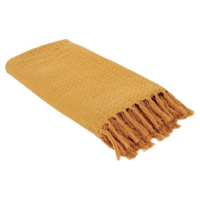 Plaid Jeté de Canapé Gaufré 130x160cm 100% Coton Ocre avec Franges - CUSHY