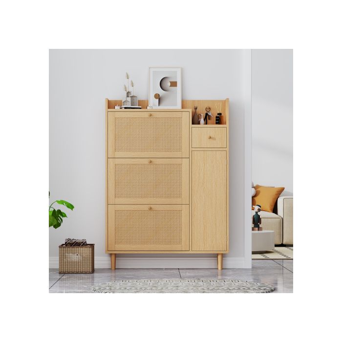 ®Rising FF Meuble à chaussures en bois et rotin adapté aux entrées étroites 3 portes basculantes et 1 tiroir 90*125*17 cm