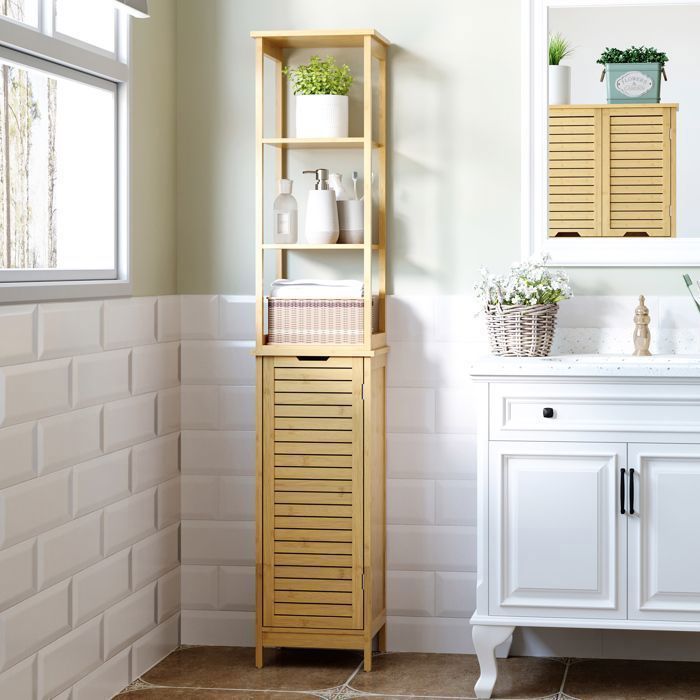 Armoire en bambou 34 x 30 x 173 cm avec 3 compartiments ouverts et 1 armoire nature
