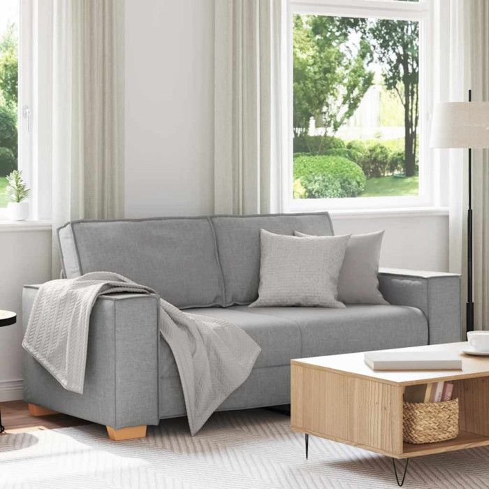 Canapé 2 places - Gris nuage - Tissu 100% polyester - Style contemporain - Confort moelleux