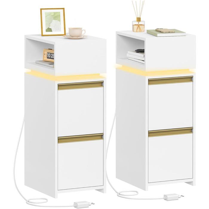 Table de Chevet Étroite Lot de 2 Tables de Chevet avec Lumière LED Tables de Nuit avec 2 Tiroirs et 1 Compartiment Ouvert Blanc
