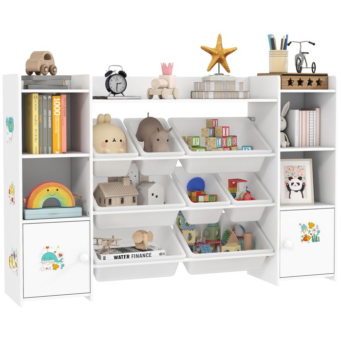 Meuble rangement enfant - AIYAPLAY - 8 bacs amovibles - MDF et acier - 140 x 30 x 90 cm - blanc