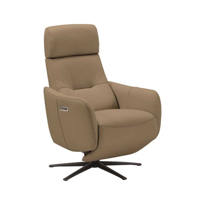 Fauteuil relax électrique pivotant avec têtière manuelle tout cuir marron clair - REANE Fauteuil relax électrique pivotant avec têtière manuelle tout cuir marron clair - REANE