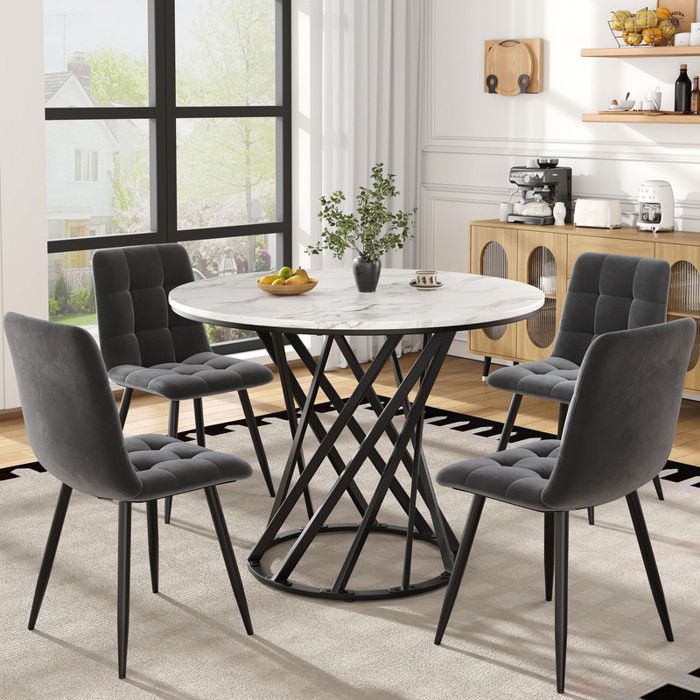 Ensemble Table à Manger - Table Ronde 80 cm Marbre - 4 Chaises Velours - Design Moderne - Confort Optimal