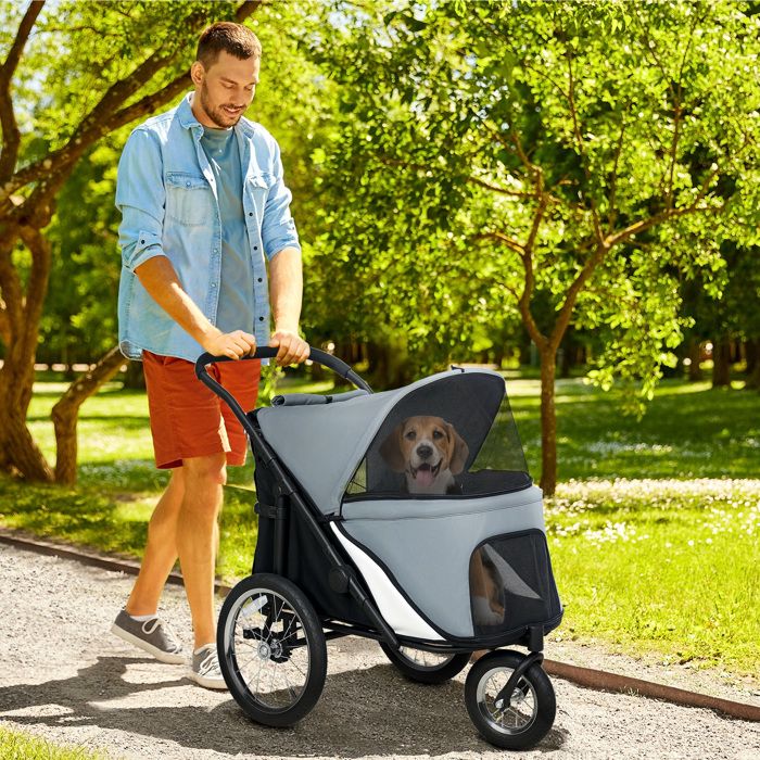 Comparer les prix de Poussette pour chien 3 roues avec pliage facile sac de rangement coussin souple laisse de sécurité gris