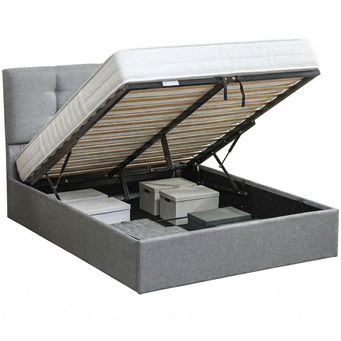 Cadre de lit double - HOMCOM - 140 x 190 cm - sommier à lattes en bois et rangement caché - tissu aspect lin et bois massif - gris Cadre de lit double - HOMCOM - 140 x 190 cm - sommier à lattes en bois et rangement caché - tissu aspect lin et bois massif - gris