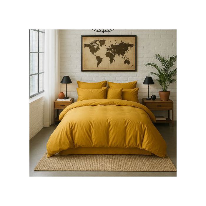 Housse de couette 240x260 cm Percale de Coton Lavé Jaune Moutarde