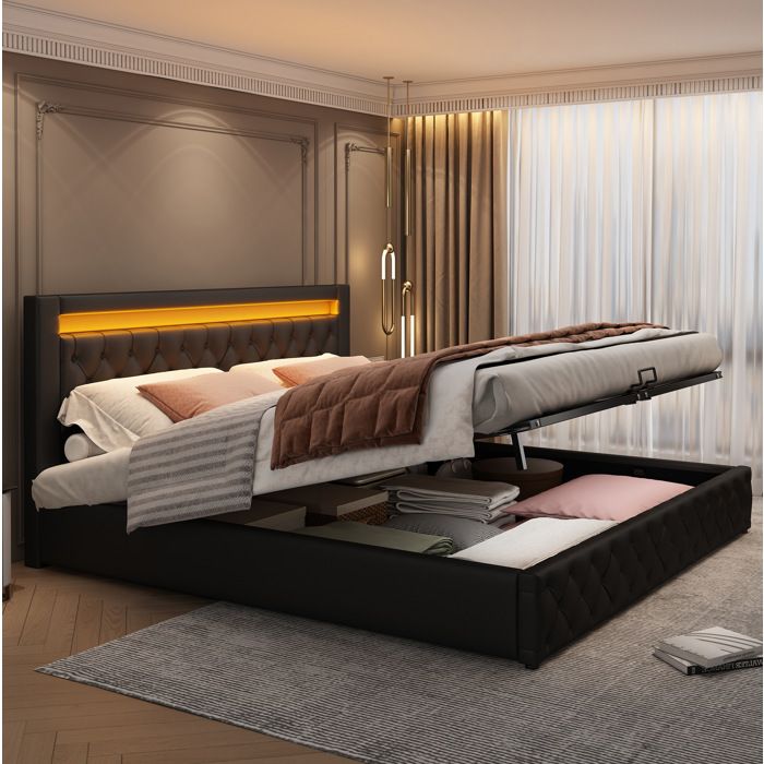 Lit coffre 160 x 200 cm PU noir avec sommier à lattes relevable et éclairage LED