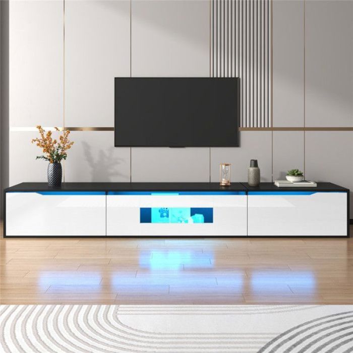 Meuble TV 180 cm avec Éclairage LED USB à Poser ou à Suspendre - Meuble Bas TV Moderne Brillant avec Portes pour Salon Noir Blan