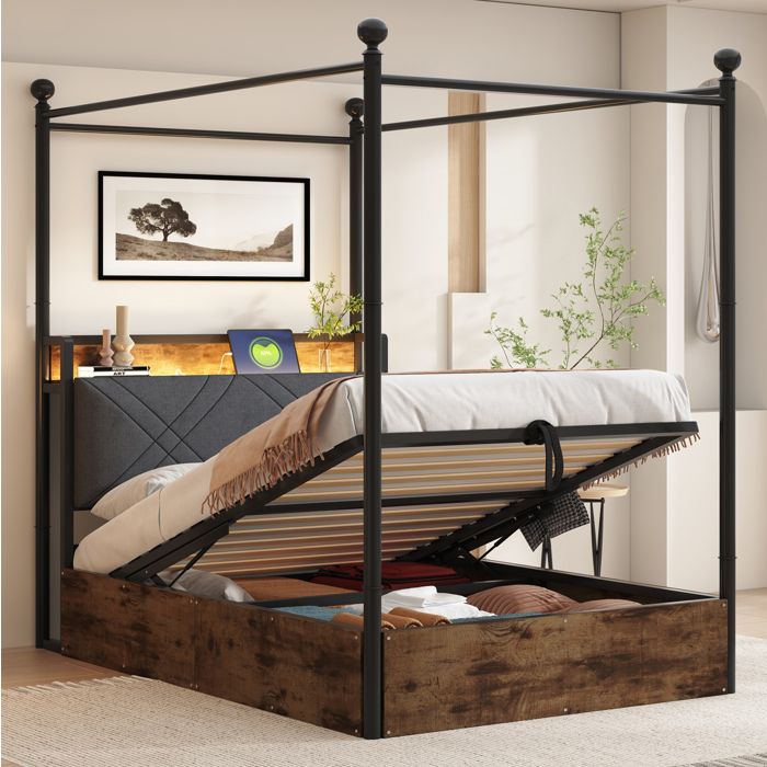 Lit coffre enfant 90x190 cm. LED. avec baldaquin amovible. port USB/Type-C. MDF. sans matelas. marron