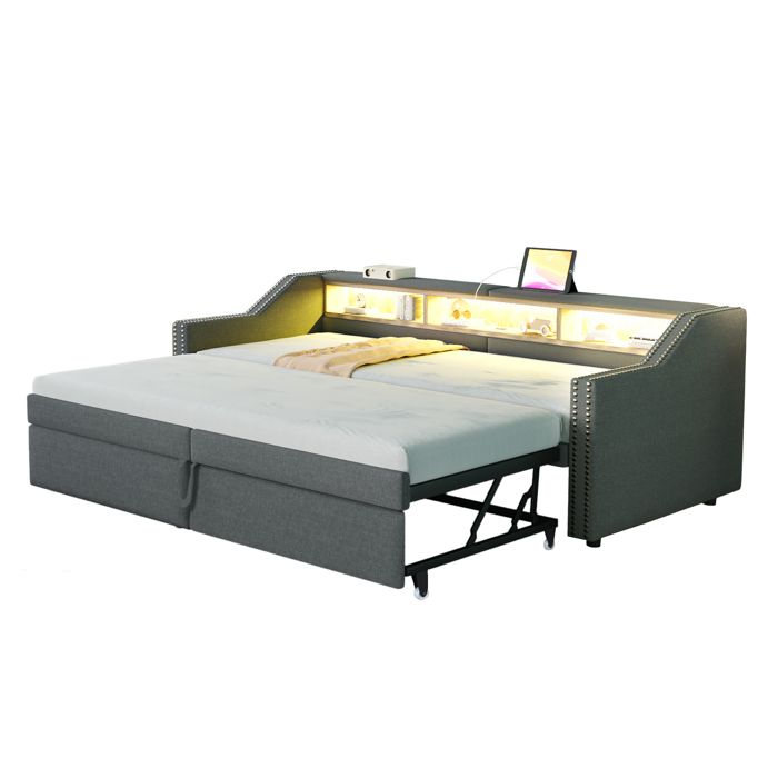 Lit Gigogne 90/180x200 cm - Canapé-Lit Extensible avec LED et USB sans Matelas Lin Gris Foncé