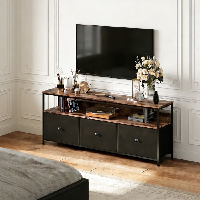meuble tv Métal - 137 cm - LED Réglable 3 Tiroirs Étagères de Rangement Support TV 55 Pouces Table Télé Salon Chambre Noir