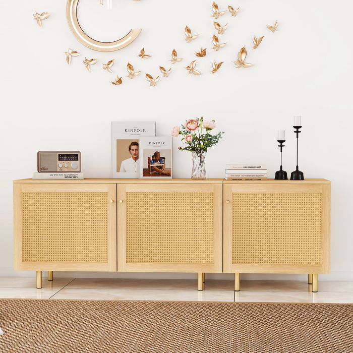 Buffet modulable 180x40x63 cm 3 portes rangement intérieur pieds métal dorés MDF finition bois naturel