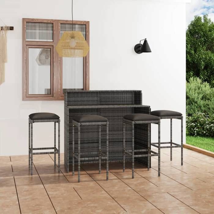 NEW 2026 Ensemble Bistrot/BAR - avec coussins lot de 5 - 4 Chaises et 1 Table- Gris 38x38x76 cm S468
