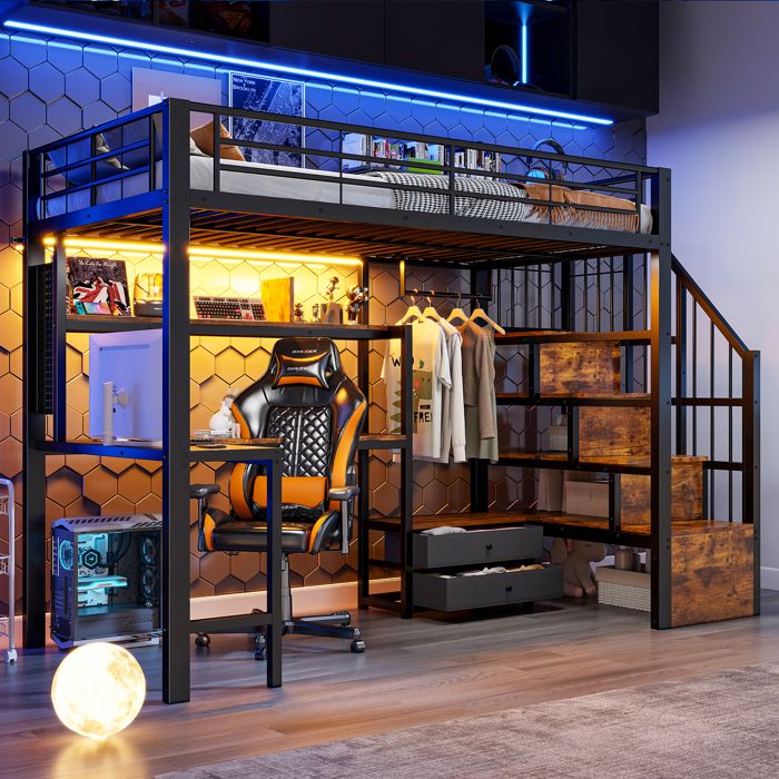 Lit mezzanine 90x200 en fer avec LED et bureau Lit superposé avec 2 tiroirs et structures descalier rangement Noir(Sans Matelas)