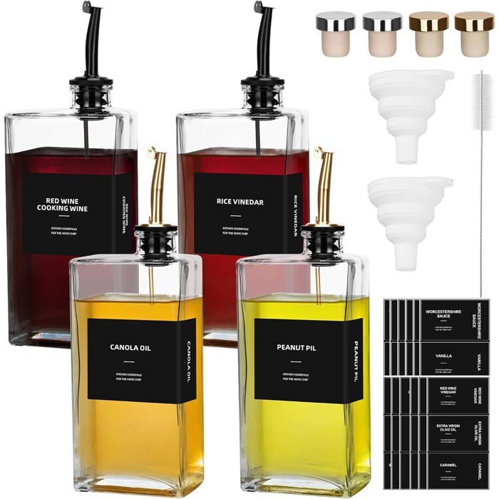 Bouteille dhuile et vinaigre - EVERWOL - 4 pièces - 500 ml - Bec verseur automatique - Verre haute qualité