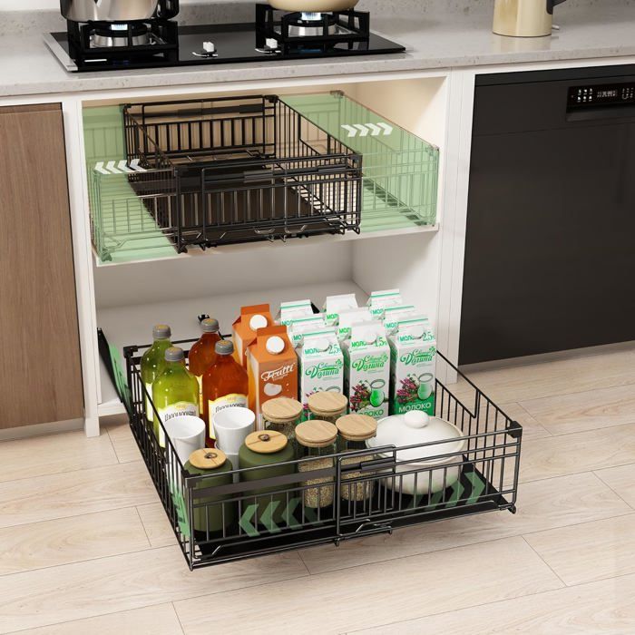 Tiroirs Coulissants Extensibles pour Cuisine - Organisateur Placard avec Plateaux - Dimensions 33-51L x 38P x 17H cm - Noir