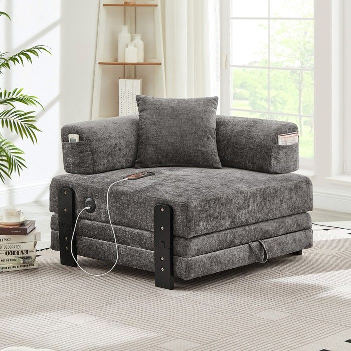 Canapé-lit - W3607P458900 - 1 place convertible - Ports USB & Type-C intégrés - Coffre de rangement gris foncé