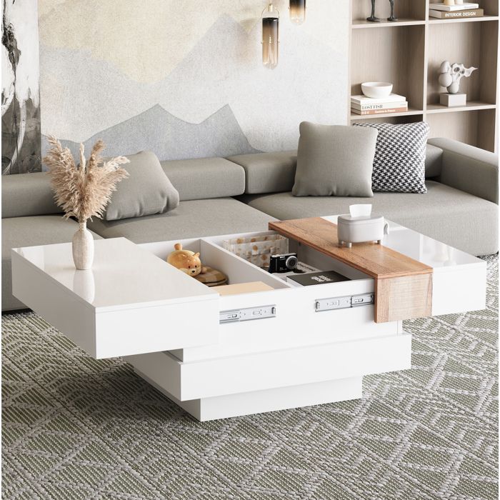 Table basse carrée blanche brillante avec plateau extensible et rangement caché
