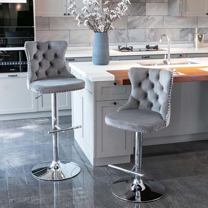 Tabouret de bar - Lot de 2 - Hauteur réglable 635–838 cm - Pivotant 360° - Velours gris
