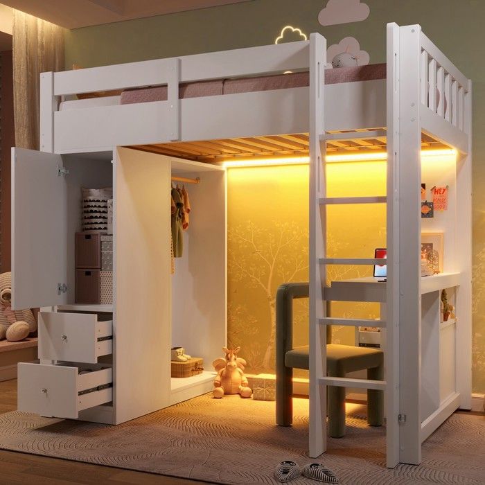 Lit superposé - 90x200 - Bureau intégré - LED réglable avec recharge - 4 tiroirs & penderie