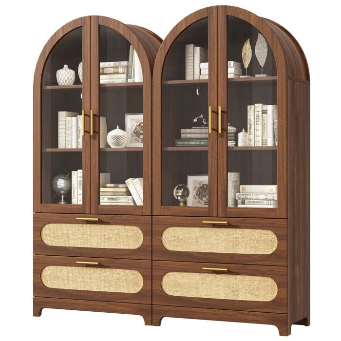 Lot De 2 Vitrines Noyer Double Arc Montmartre 175x80x40cm Style Rétro 4 Tiroirs Étagères Réglables Bibliothèque Déco Salon