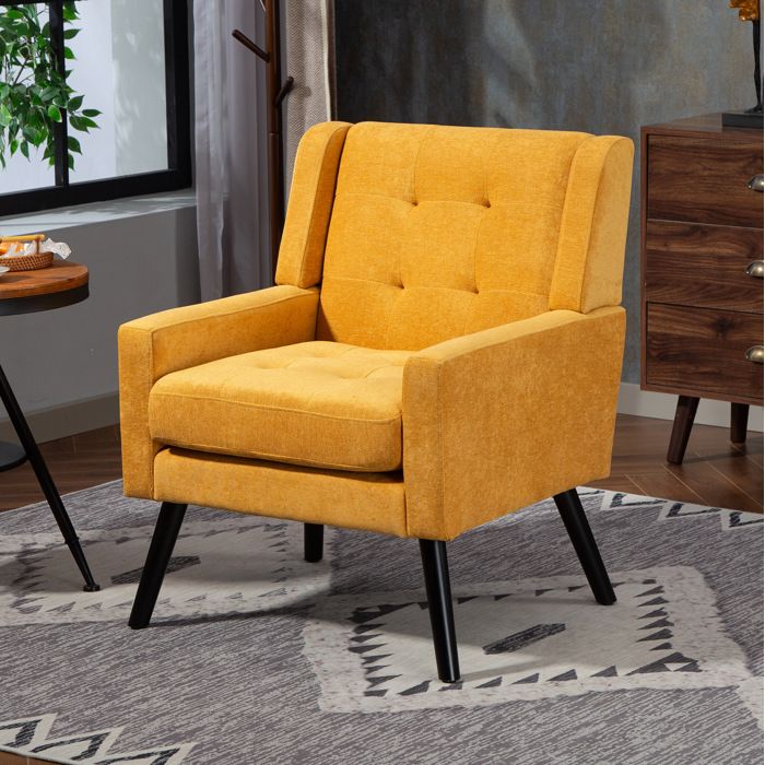 Fauteuil compact pour salon ou bureau assise rembourrée avec capitonnage pieds en bois massif jaune