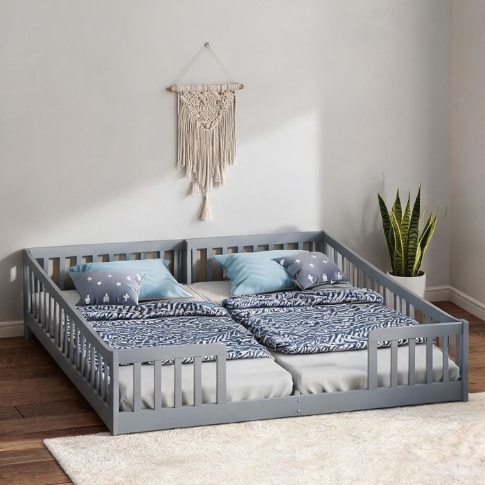 Lit plateforme enfant 2 x 90x200 cm en pin gris ardoise avec barrières sécurité et lattes