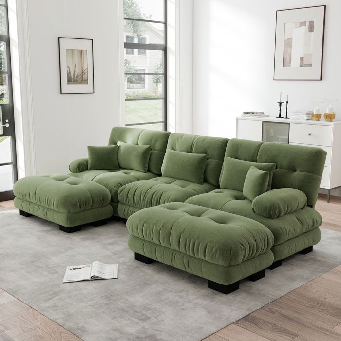 Canapé dAngle forme en U assise profonde convertible ottoman intégré chenille vert