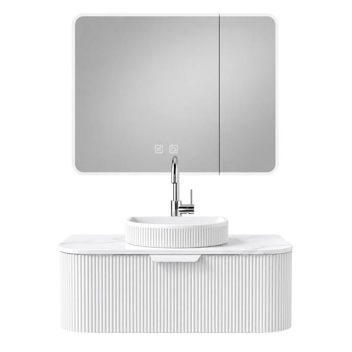 Ensemble meuble de salle de bain avec vasque et armoire miroir LED - 80 cm - Blanc - RAIN Ensemble meuble de salle de bain avec vasque et armoire miroir LED - 80 cm - Blanc - RAIN