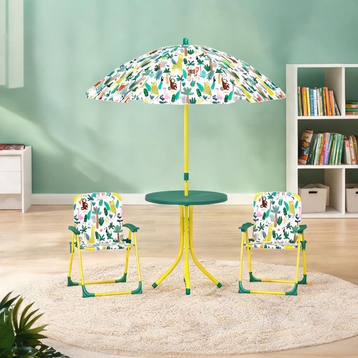 Ensemble table et chaises enfant pliant green-toned avec parasol ajustable 4 pièces